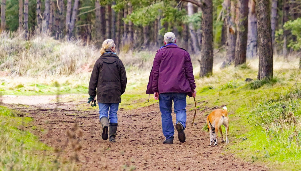 Reduce tu sedentarismo caminando al aire libre. Pareja caminando al aire libre, reduciendo su sedentarismo y mejorando su resistencia a la insulina.